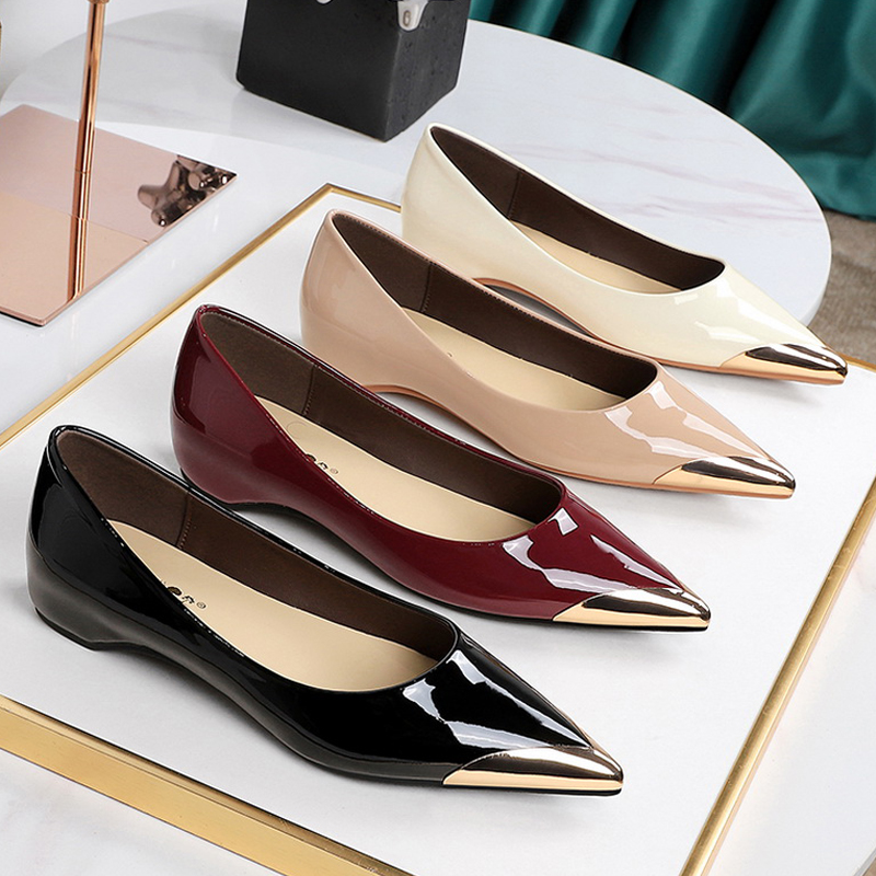 Men Shoes Size To Women - BIGTREE 靴ローヒールの女性の靴パテントレザーウェッジヒール女性パンプス金属尖った先端高級宴会靴ファッション
