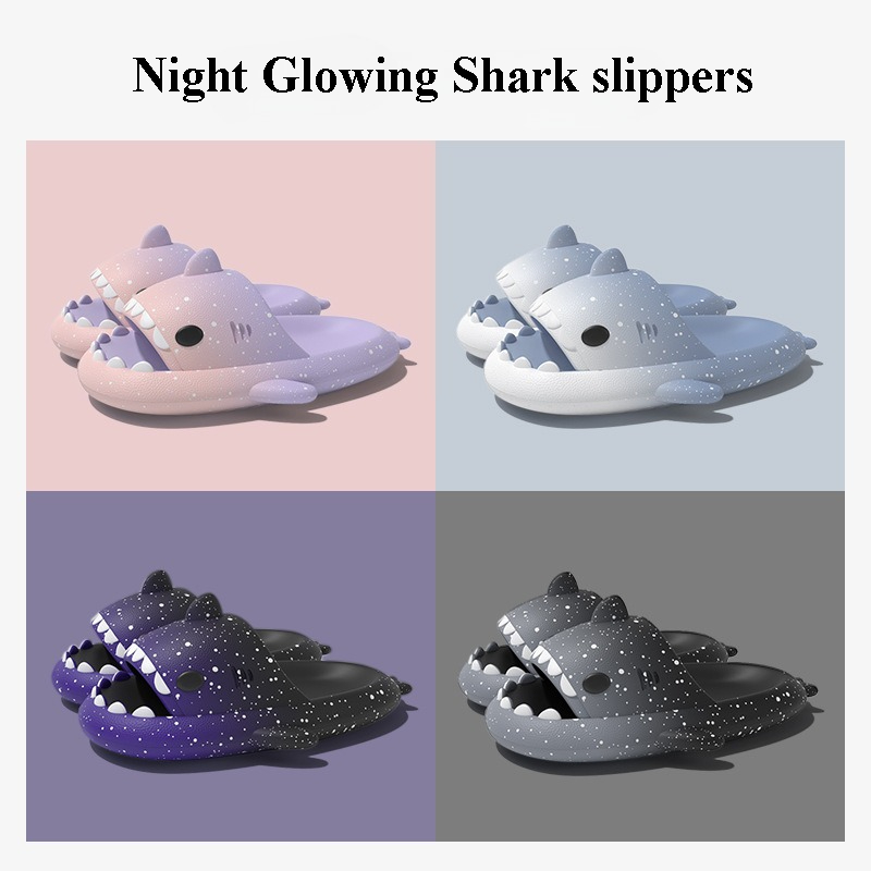 Men'S Shoes For Summer - かわいい漫画サメスリッパ女性男性のためのグラデーションカラー夏のプラットフォームシューズ夜の光るスタイルカップルホームストリートスライド