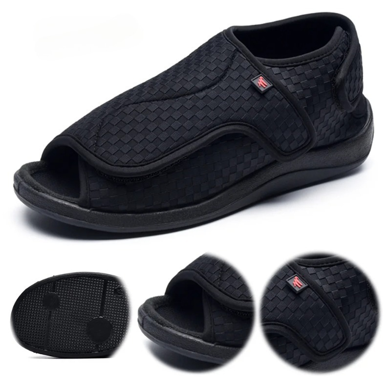 Men'S Shoes For Wide Feet - 女性男性糖尿病患者用スリッパ、幅広糖尿病患者用シューズ、調節可能な留め具付きサンダル、腫れ足用、室内用