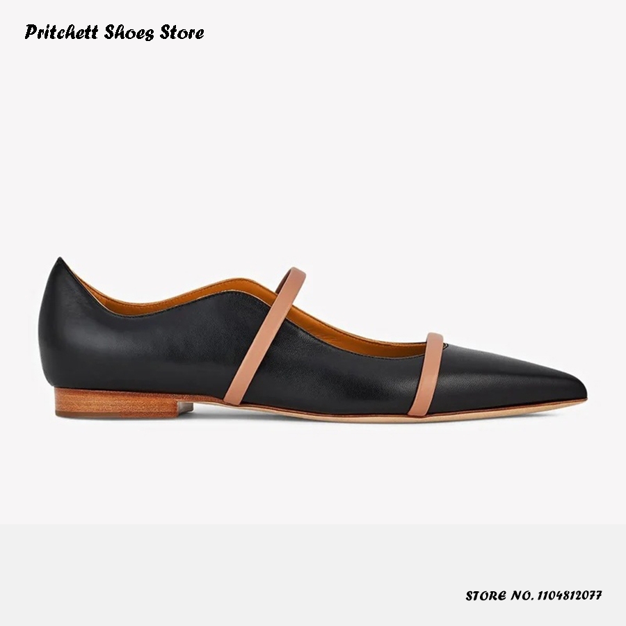 Men'S Shoes For Summer - レディース ダブルストラップ レザー バレエシューズ ポインテッドトゥ スクエアヒール