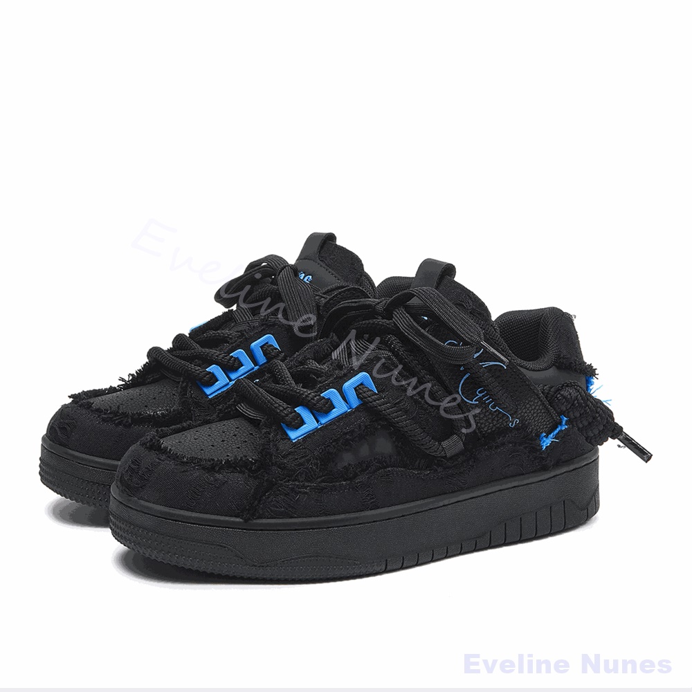 Men Shoes For Winter - 黒のフリンジ加工ローエッジプラットフォームスケートシューズ メンズ レディース ブルーステッチ刺繍 ローカットシューズ ストリート