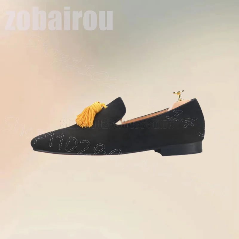Men'S Shoes Yellow And Black - 黄色のタッセル装飾黒スエードメンズローファーファッションスリッポン男性靴豪華な手作りパーティー宴会デート男性カジュアルシューズ