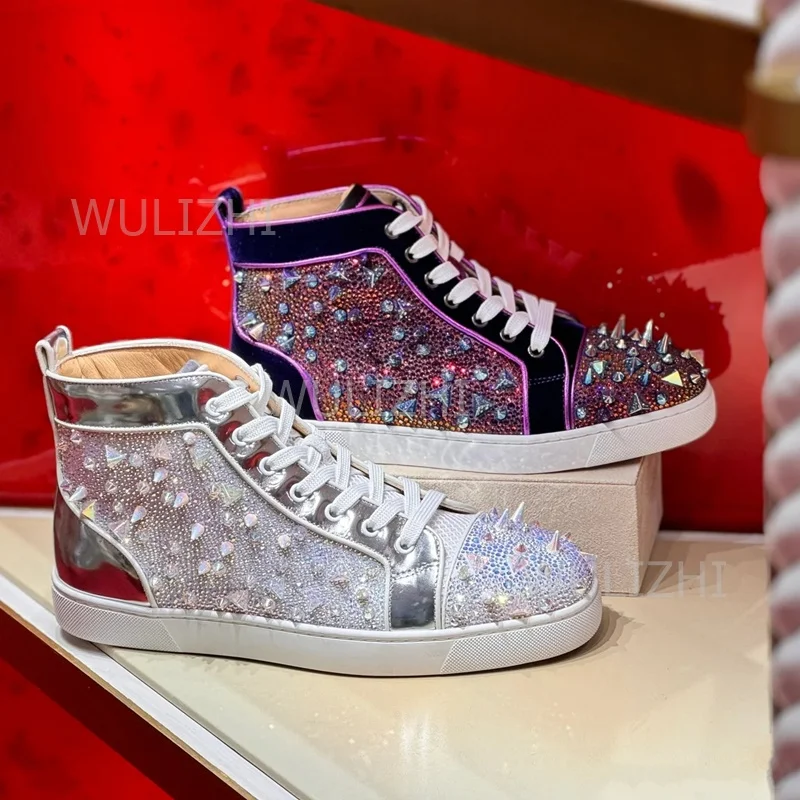 Men'S Shoes For Suits - ダークパープルクリスタルリベットメンズスニーカーフラットレースアップレッドソールアンクルスポーツブリンスエードランニングローファーサマーカップルテニスシューズ