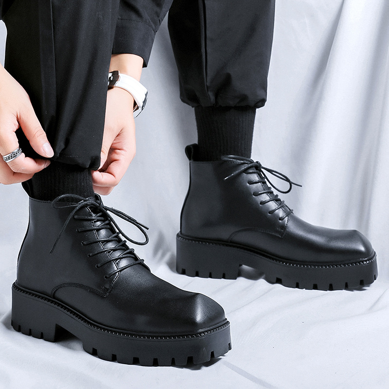 Men Shoes Brand - 男性高級ファッションオリジナルレザーブーツレースアップポインテッドトゥシューズカウボーイプラットフォームブーツブランドデザイナークールアンクルボタスオムブレ
