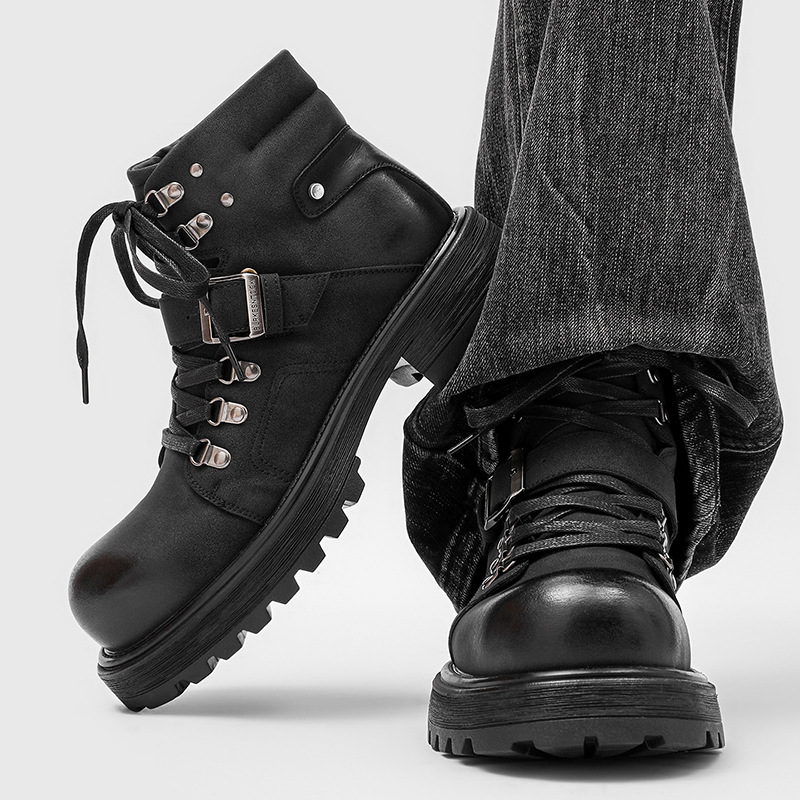 ブランド男性革ブーツオートバイ雪カウボーイフラットプラットフ - Men Shoes Brand のレビューと価格